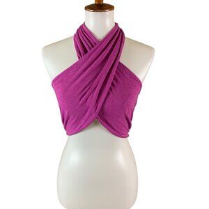 By DYLN Magenta Ribbed Wrap Halter Festival Crop Top Y2K XS